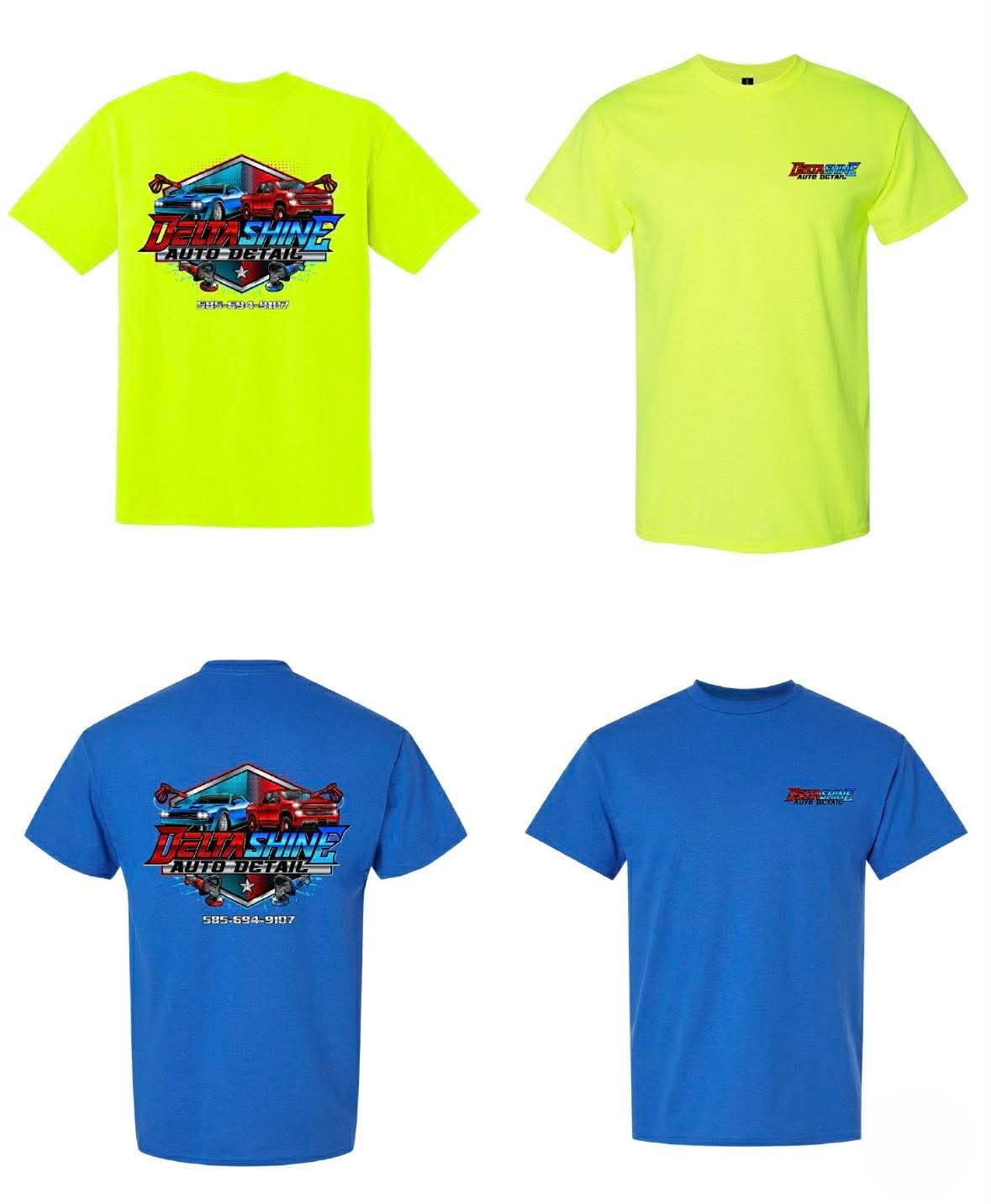 Delta Shine Auto Detail tees — blue and safety green, front and back